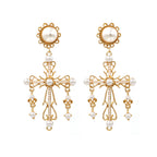 VIntage Gothic Cross 18K Gold White Pearl Anti Tarnish Dangler Earrings Bulk