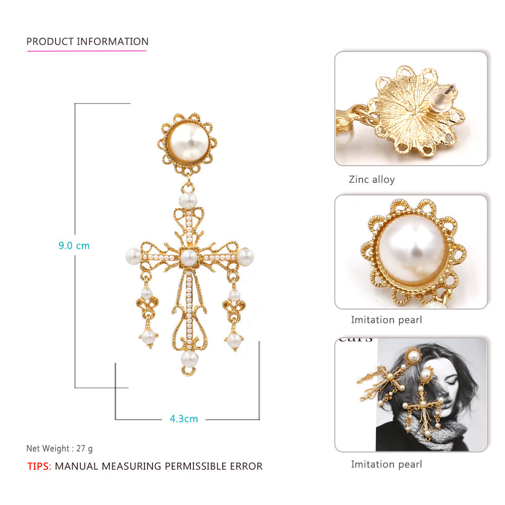 VIntage Gothic Cross 18K Gold White Pearl Anti Tarnish Dangler Earrings Bulk