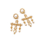 VIntage Gothic Cross 18K Gold White Pearl Anti Tarnish Dangler Earrings Bulk