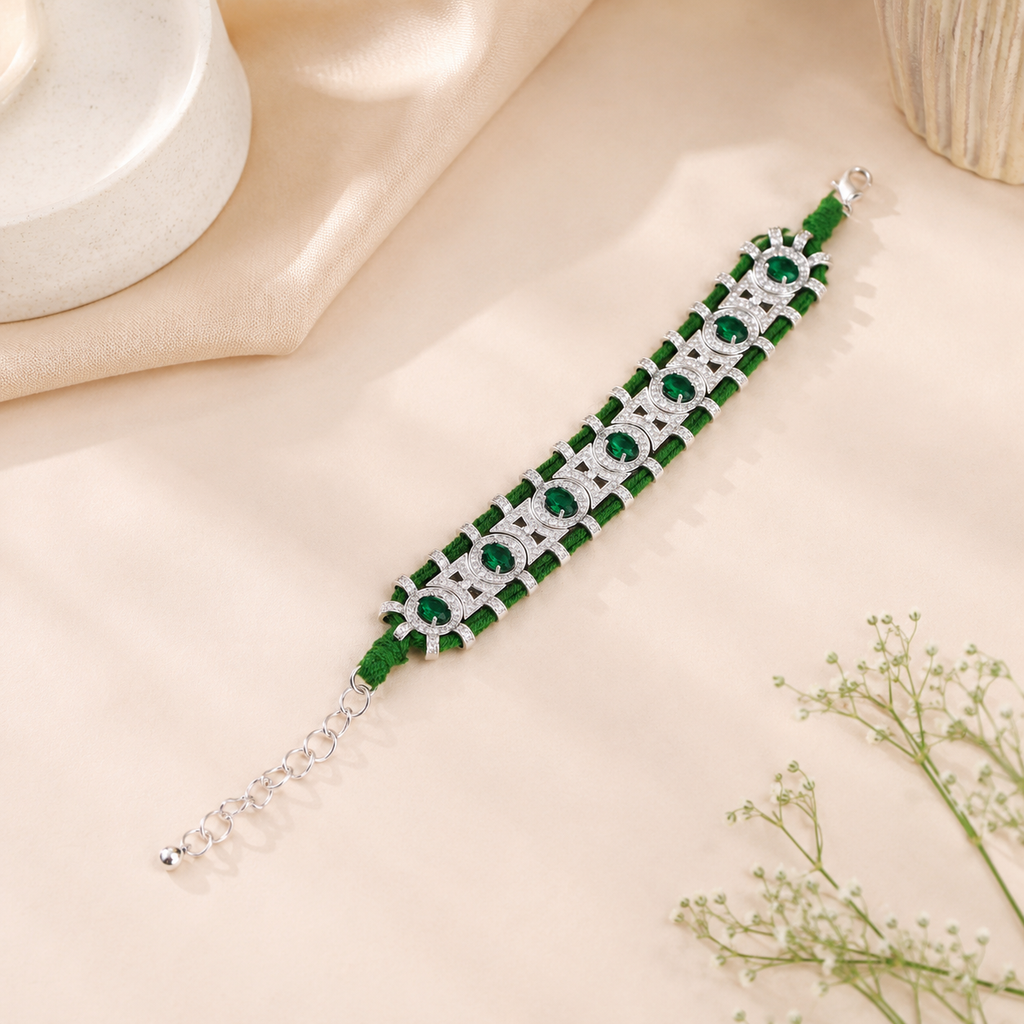 Emerald Green Silver Plated CZ Multi-Strand Thread Bracelet Wholesale