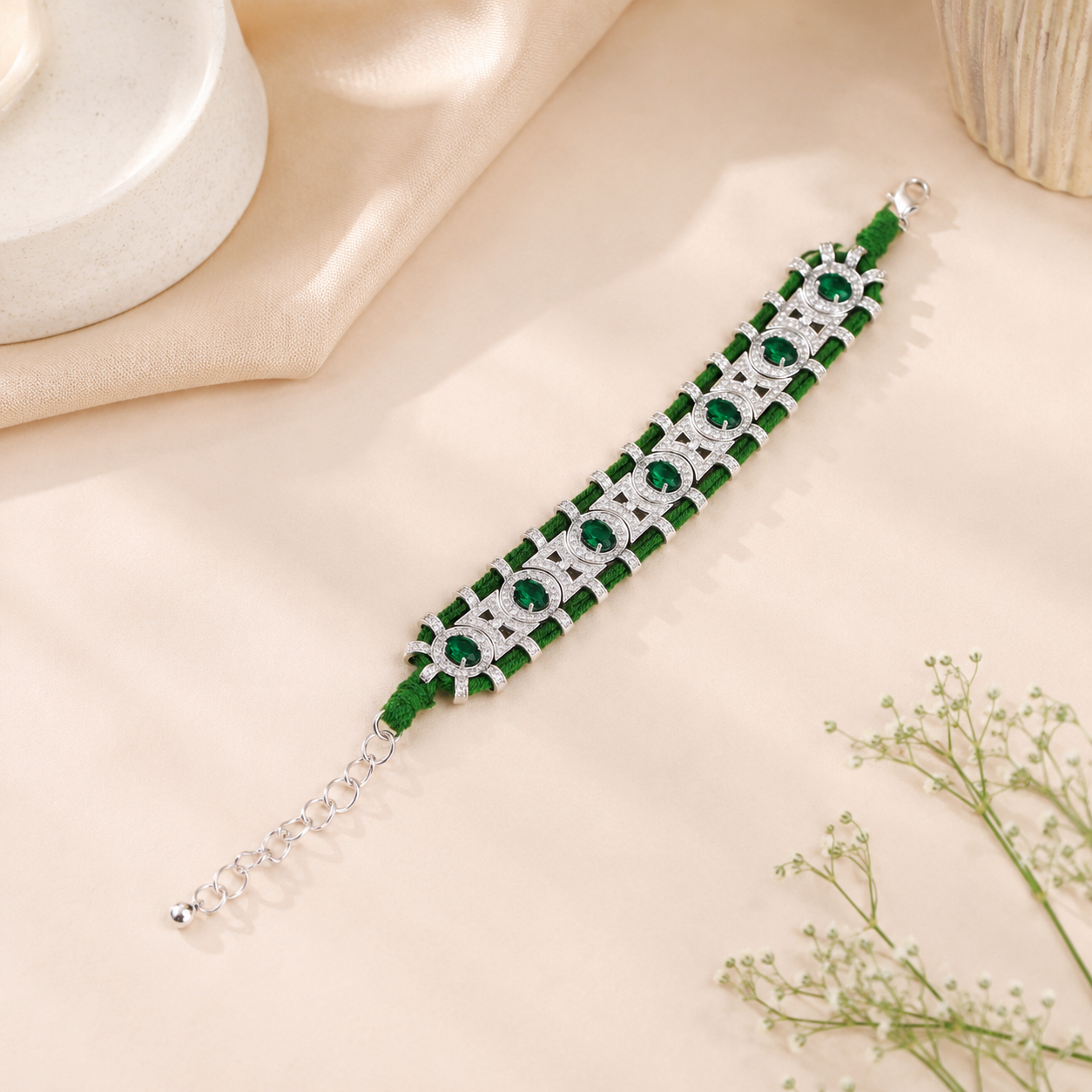 Emerald Green Silver Plated CZ Multi-Strand Thread Bracelet Wholesale
