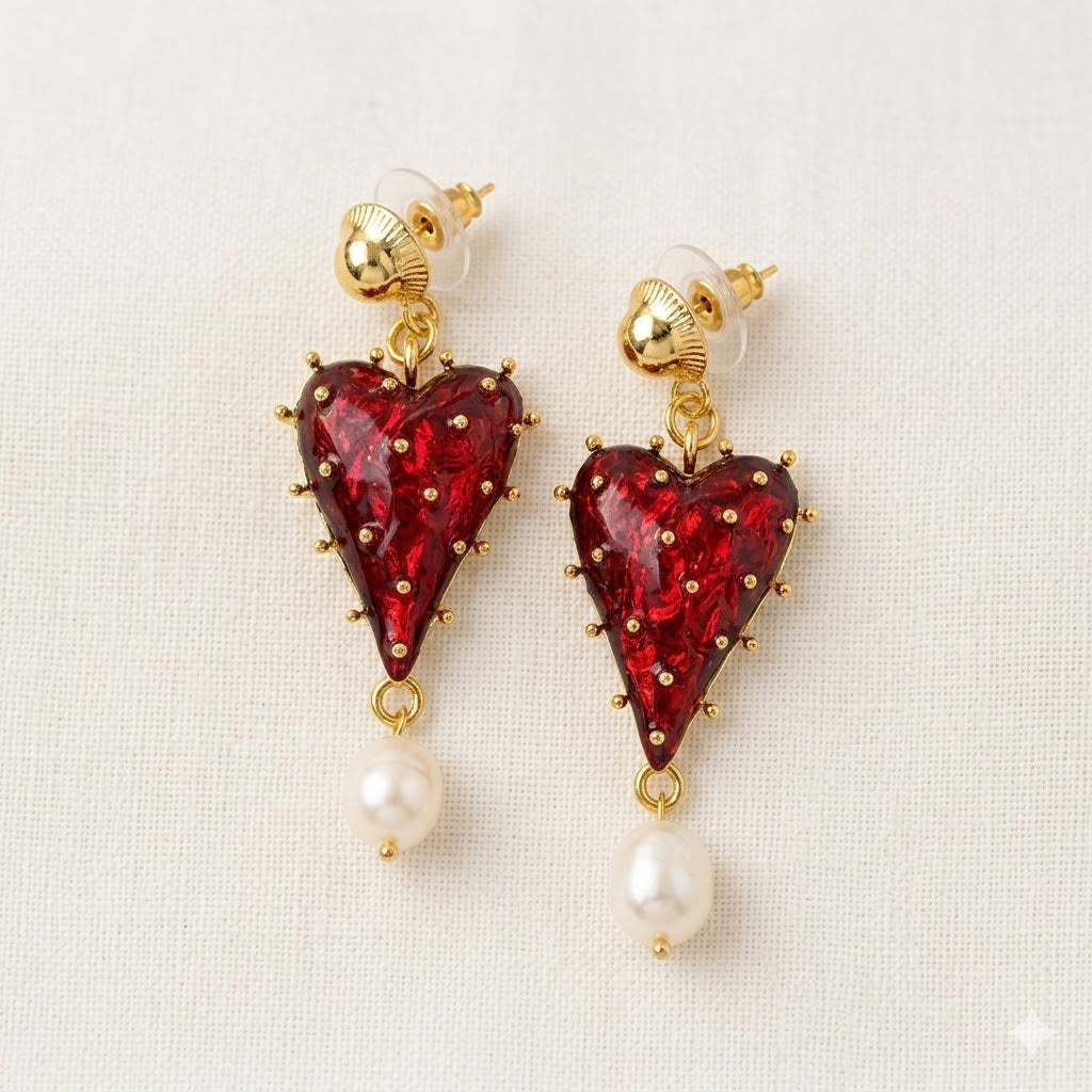 Trendy Red Heart Gold Resin Pearl Dangler Earrings For Women Wholesale