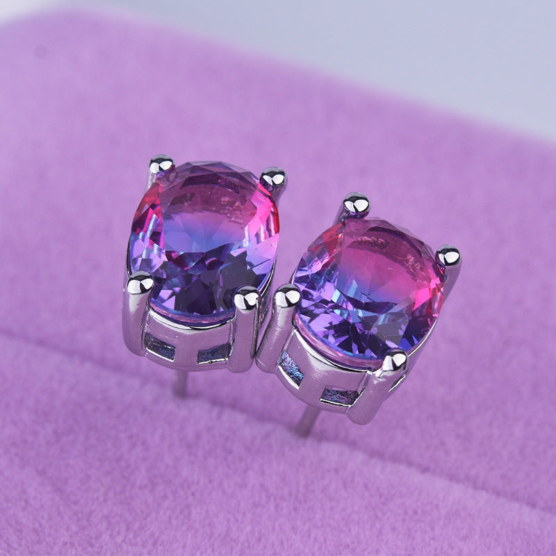 Oval Multi Gemstone Solitaire Cubic Zirconia Crystal Anti Tarnish Stud Earring For Women Secondary image