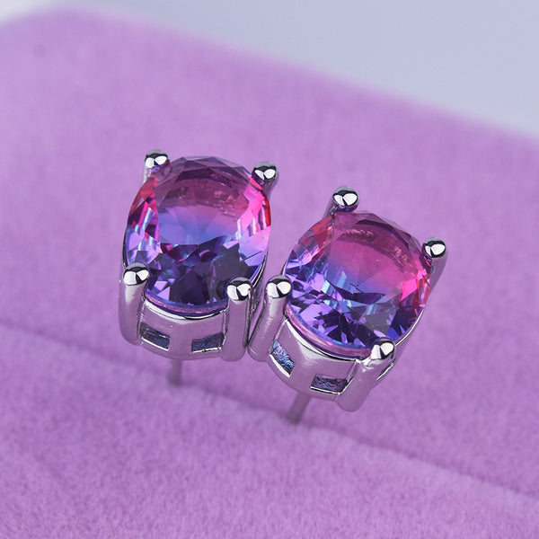 Oval Multi Gemstone Solitaire Cubic Zirconia Crystal Anti Tarnish Stud Earring For Women Secondary image
