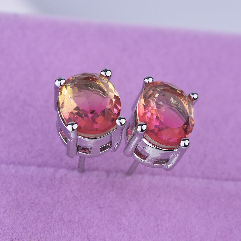 Oval Multi Gemstone Solitaire Cubic Zirconia Crystal Anti Tarnish Stud Earring For Women