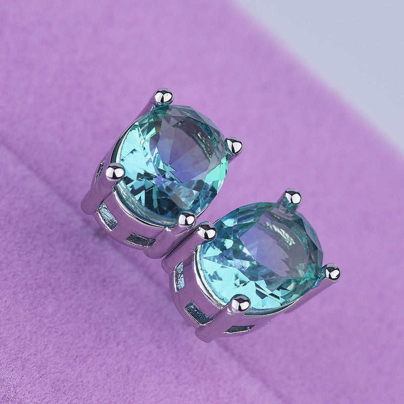 Oval Multi Gemstone Solitaire Cubic Zirconia Crystal Anti Tarnish Stud Earring For Women