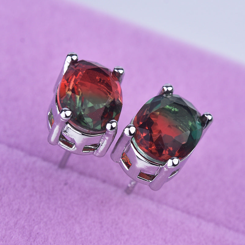Oval Multi Gemstone Solitaire Cubic Zirconia Crystal Anti Tarnish Stud Earring For Women Main image