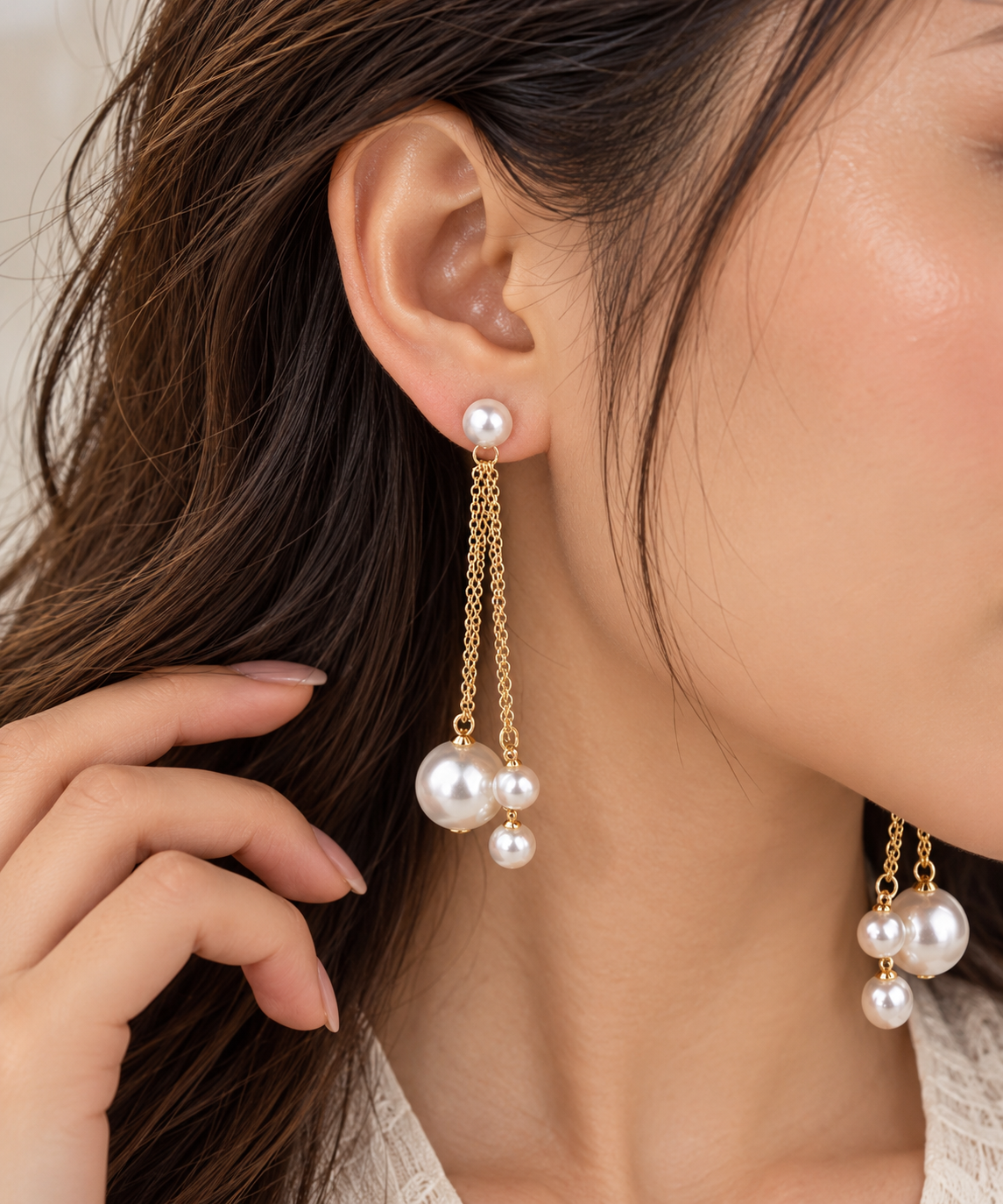 Elegant Gold Long Chain Triple White Faux Pearl Dangler Earrings Bulk
