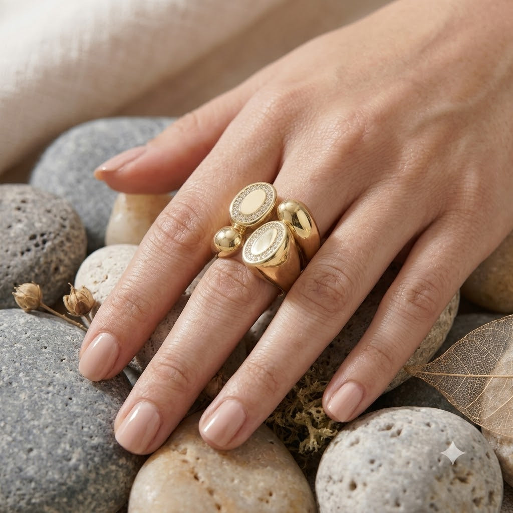 Luxury Gold Plated Oval White CZ Sculptural Copper Fancy Ring Wholesale