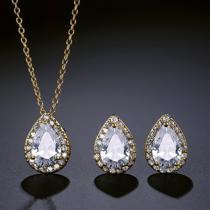 Luxury Pear Shape Rose Silver Gold CZ Copper Necklace Earring Set Bulk