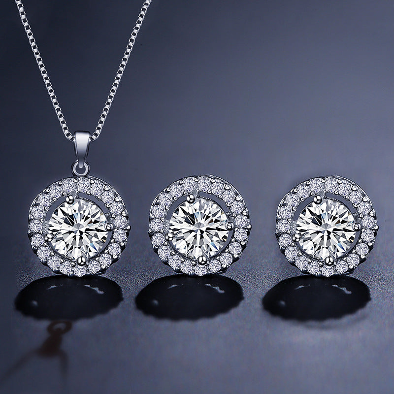Luxury Round Halo Rose Silver Gold CZ Copper Necklace Earring Set Bulk