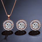 Luxury Round Halo Rose Silver Gold CZ Copper Necklace Earring Set Bulk