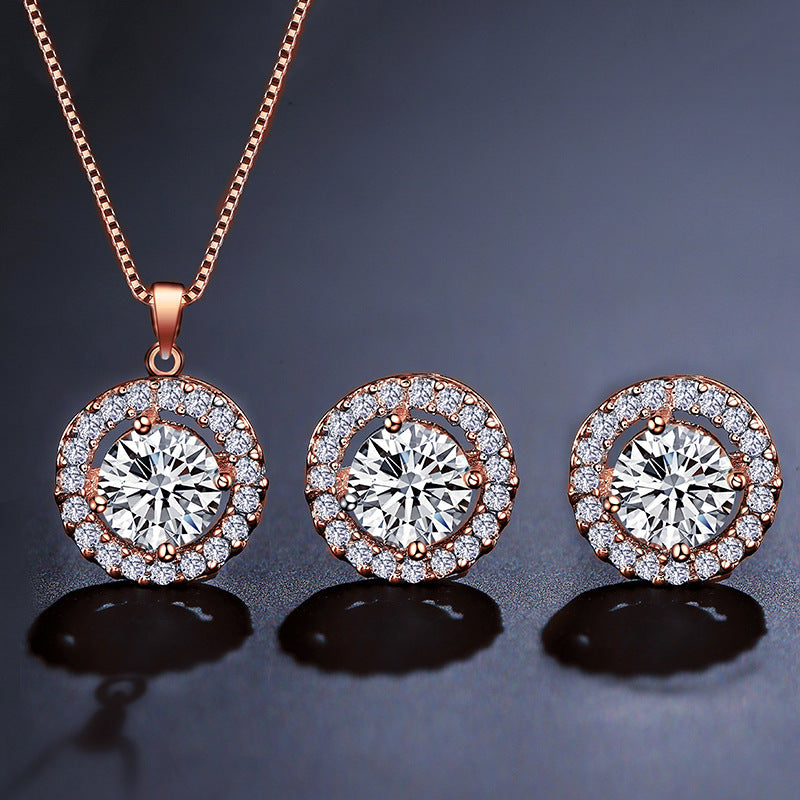 Luxury Round Halo Rose Silver Gold CZ Copper Necklace Earring Set Bulk