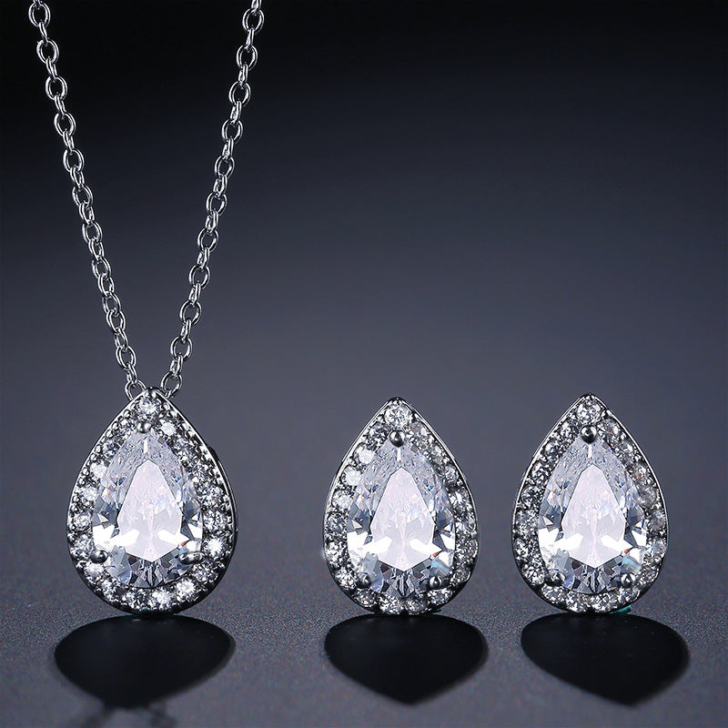 Luxury Pear Shape Rose Silver Gold CZ Copper Necklace Earring Set Bulk