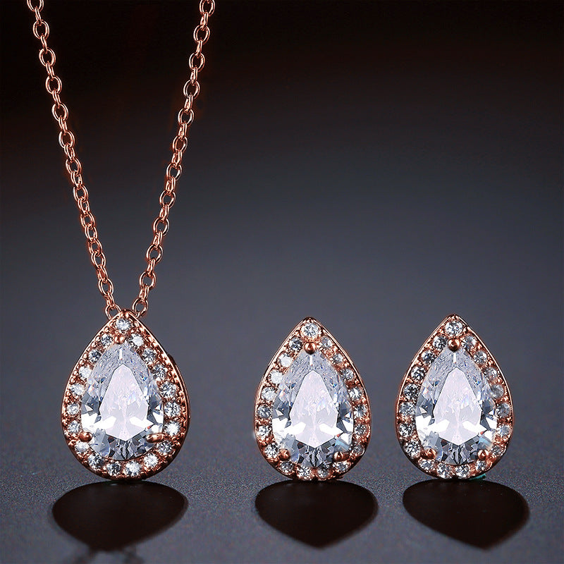 Luxury Pear Shape Rose Silver Gold CZ Copper Necklace Earring Set Bulk Secondary image
