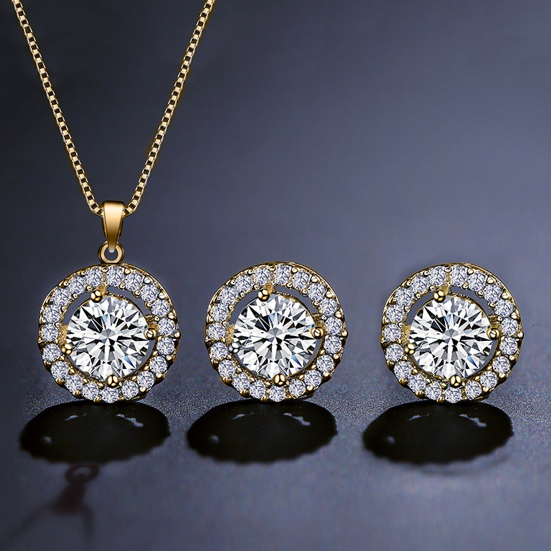Luxury Round Halo Rose Silver Gold CZ Copper Necklace Earring Set Bulk