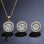 Luxury Round Halo Rose Silver Gold CZ Copper Necklace Earring Set Bulk