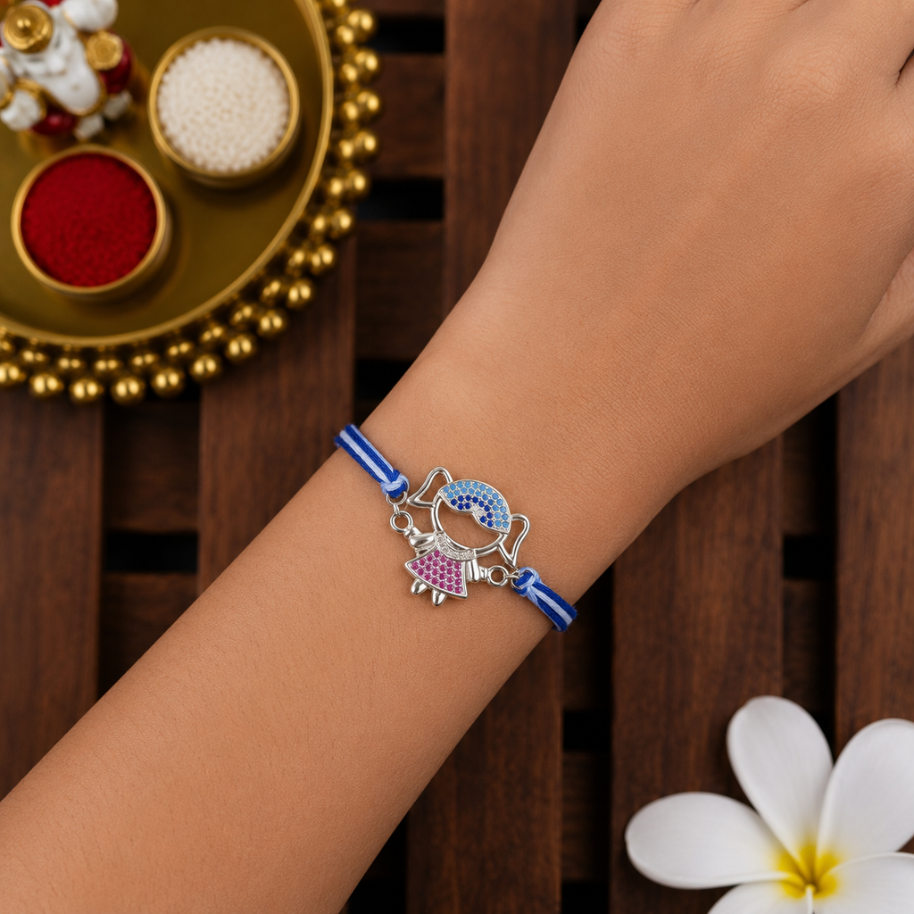 Cute Girl Charm Silver Plated CZ Blue White Thread Rakhi For Men Bulk