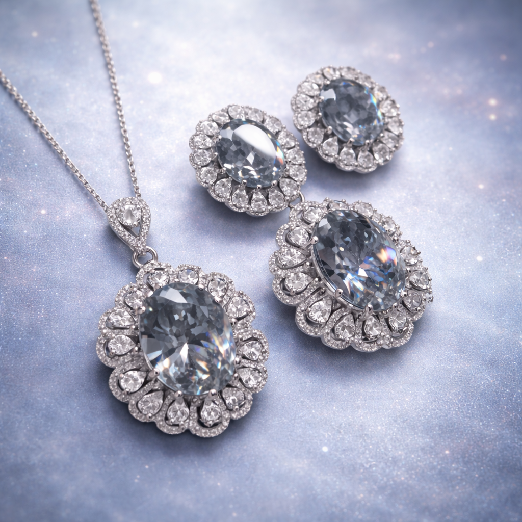 Black Premium Floral Silver CZ Anti Tarnish Copper Necklace Combo Set