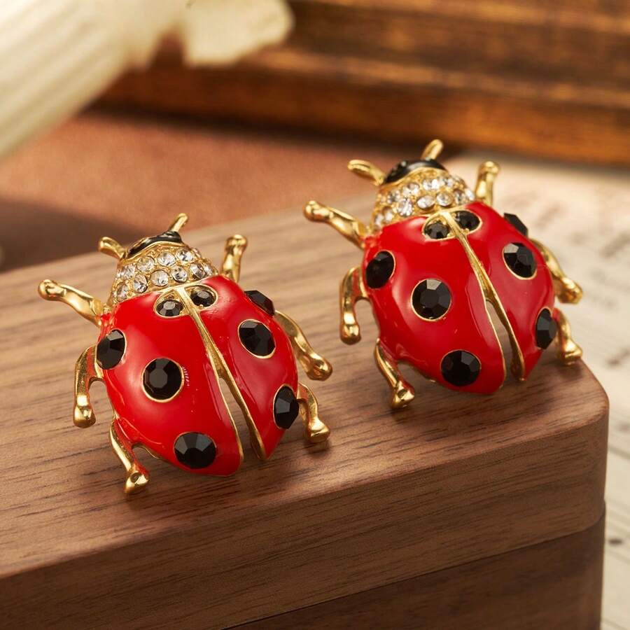 Beetle Vintage Black Red Enamel CZ 18K Gold Stud Earring Bulk Secondary image