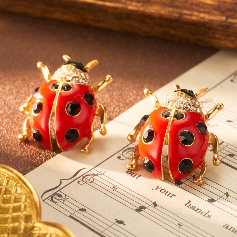 Beetle Vintage Black Red Enamel CZ 18K Gold Stud Earring Bulk