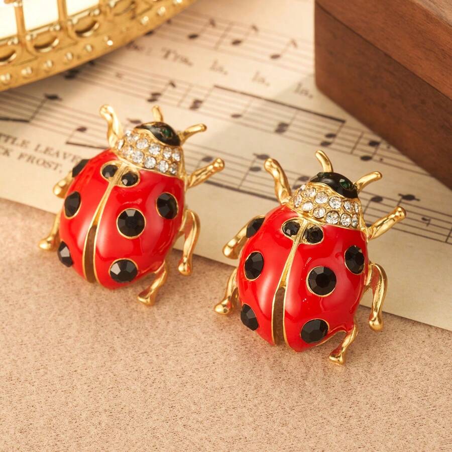 Beetle Vintage Black Red Enamel CZ 18K Gold Stud Earring Bulk