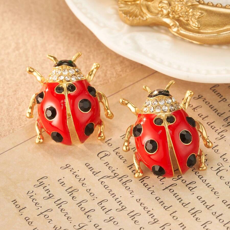 Beetle Vintage Black Red Enamel CZ 18K Gold Stud Earring Bulk