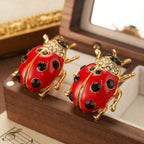 Beetle Vintage Black Red Enamel CZ 18K Gold Stud Earring Bulk