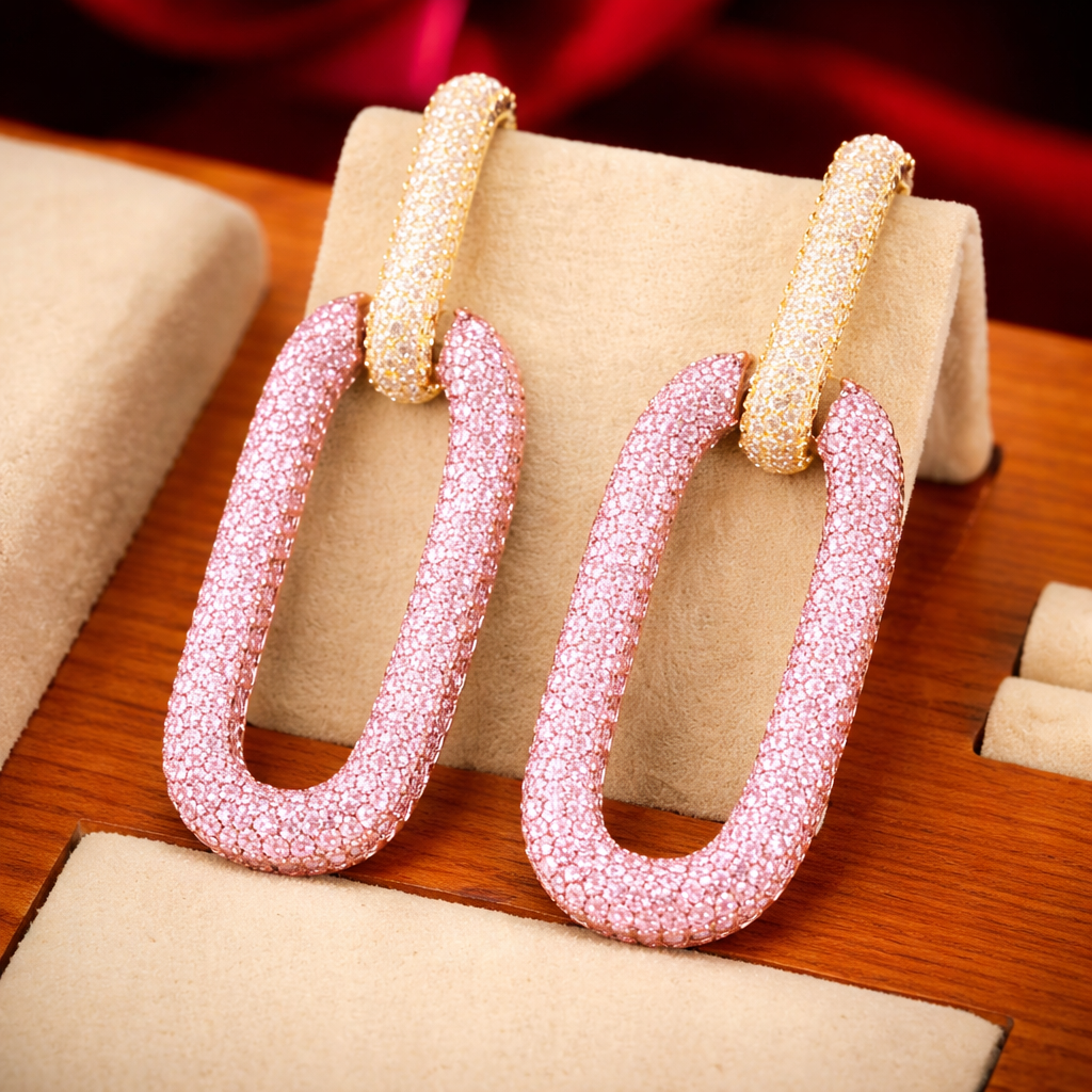 Purple Pink Rectangle Shape Gold Plated Cubic Zirconia Dangler Earrings Secondary image