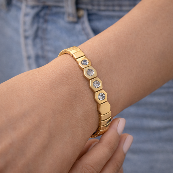 Wholesale Stretchable Hexagon Gold Plated CZ Stainless Steel Bracelet Secondary image