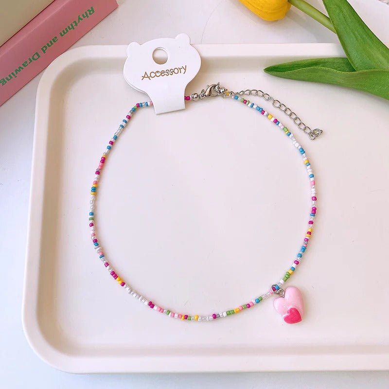 Pink Dual Heart Multicolour Beaded Silver Charm Necklace Kids Bulk Secondary image
