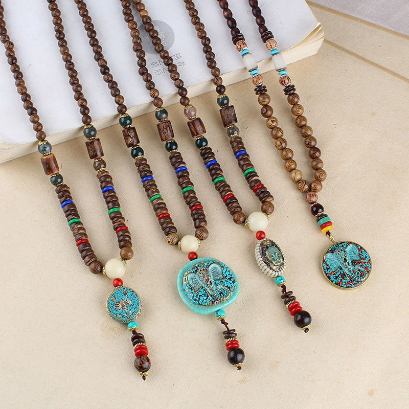 Beads Wooden Brown Resin Long Necklace For Women Bulk