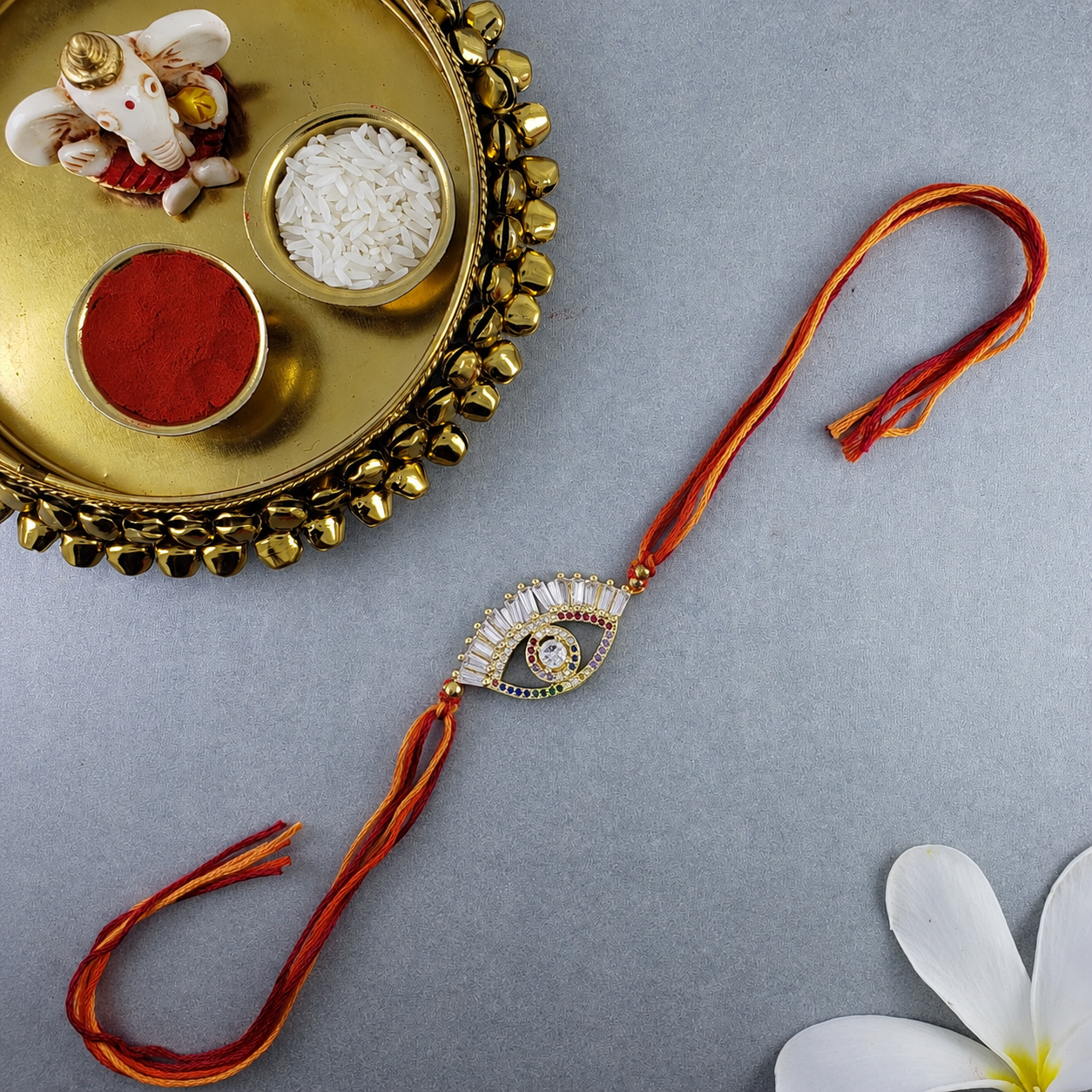Multi Color Evil Eye Gold Plated CZ Red Orange Thread Rakhi For Men Bulk Secondary image