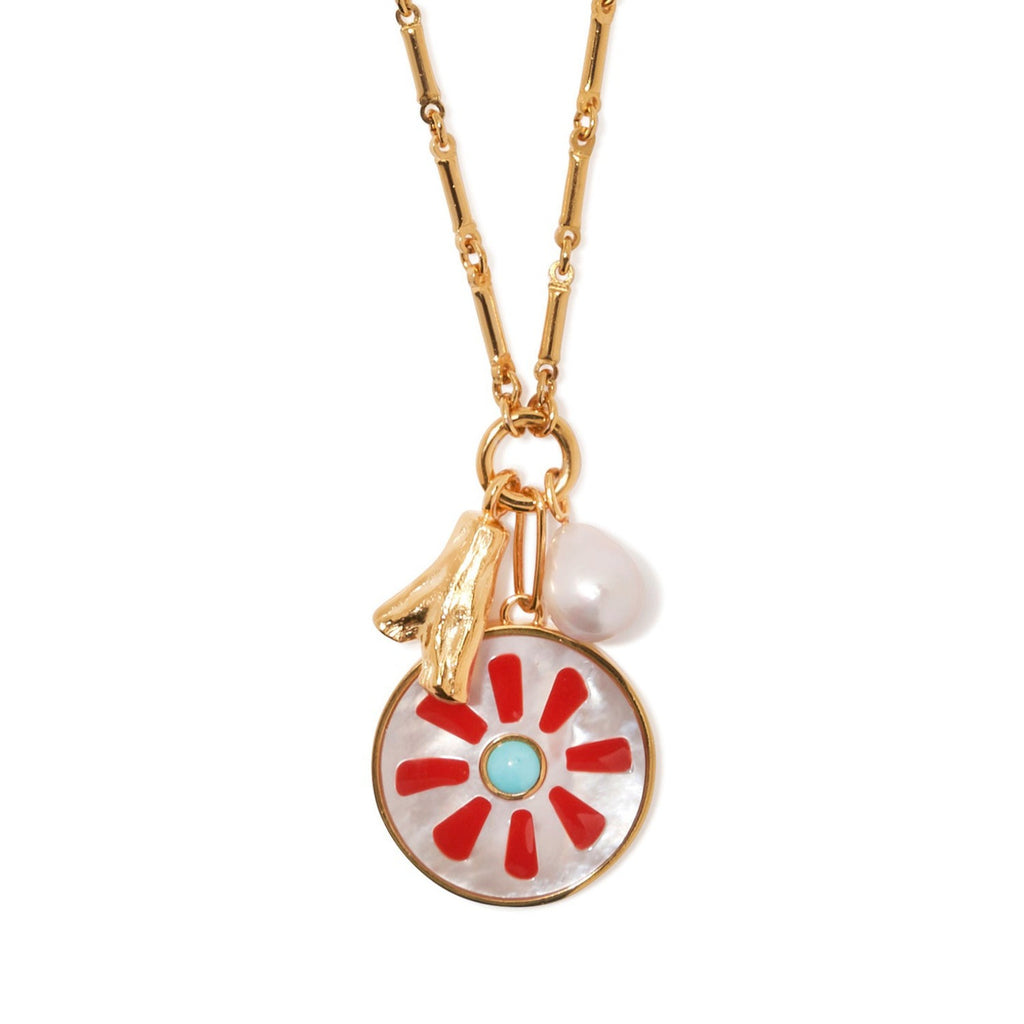 Round Wheel Gold Red Pearl Anti Tarnish Link Chain Necklace Bulk