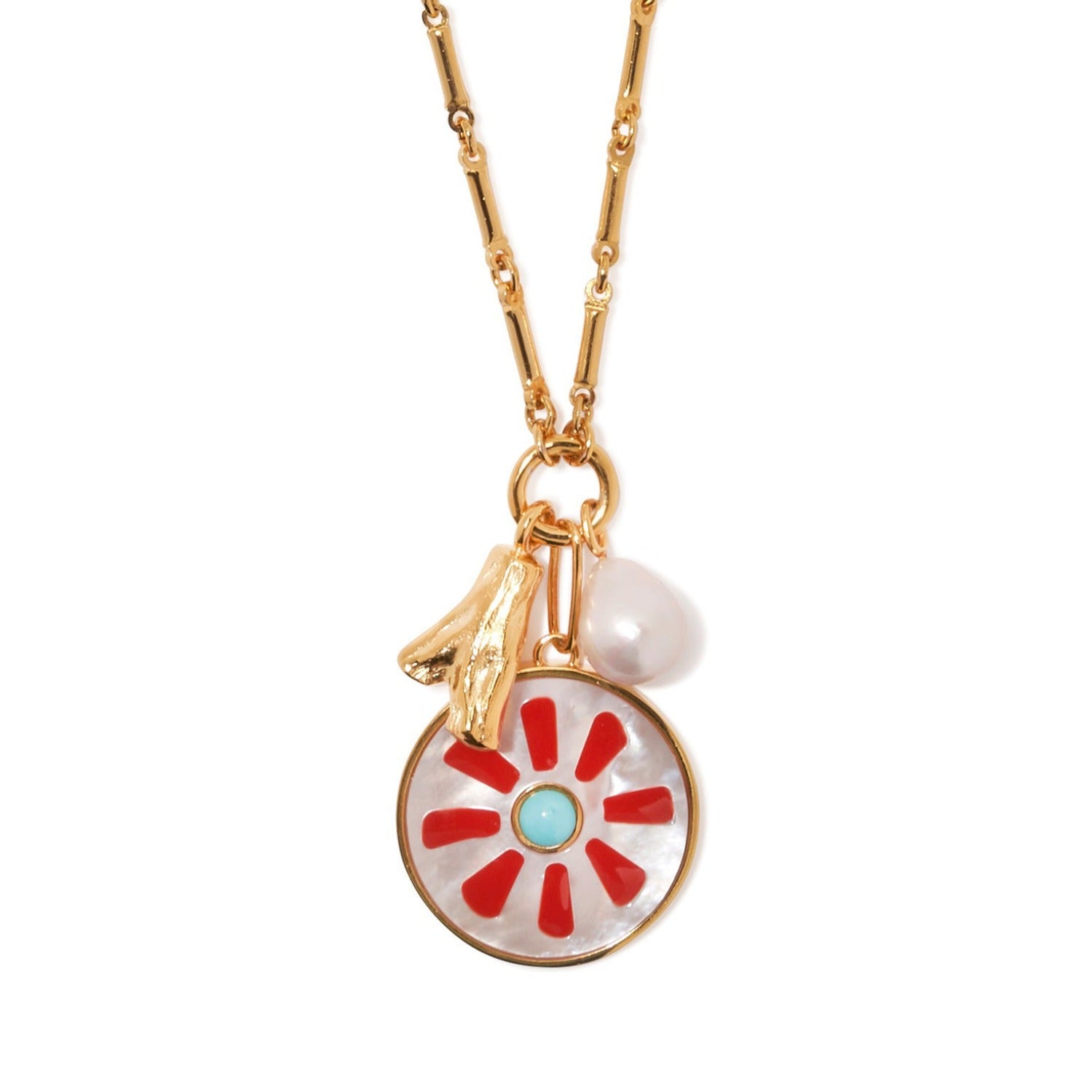 Round Wheel Gold Red Pearl Anti Tarnish Link Chain Necklace Bulk