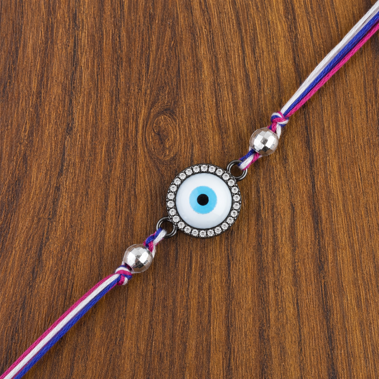 Round Evil Eye Black CZ Beads Pink Blue White Thread Rakhi For Men Bulk