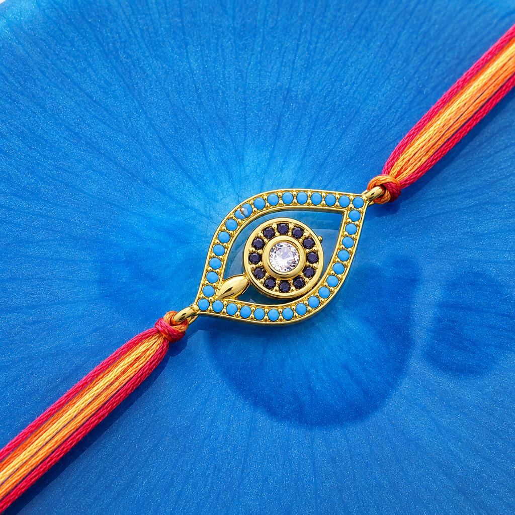 Designer Evil Eye Gold Plated Blue Black CZ Red Orange Thread Rakhi For Men