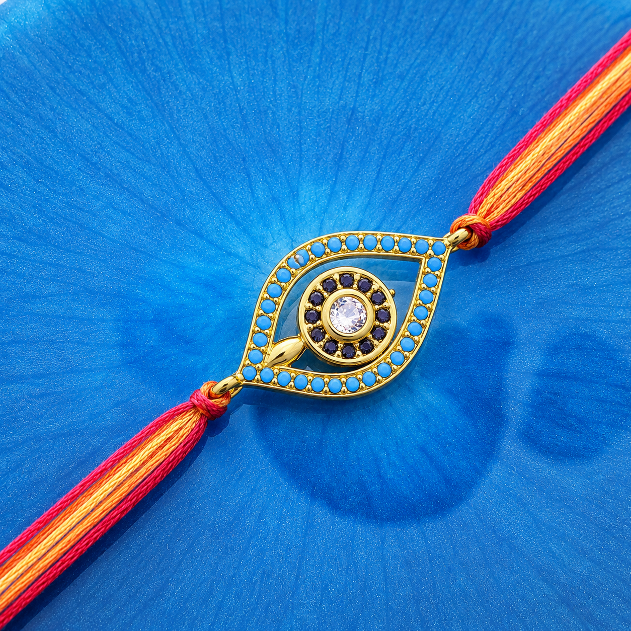 Designer Evil Eye Gold Plated Blue Black CZ Red Orange Thread Rakhi For Men