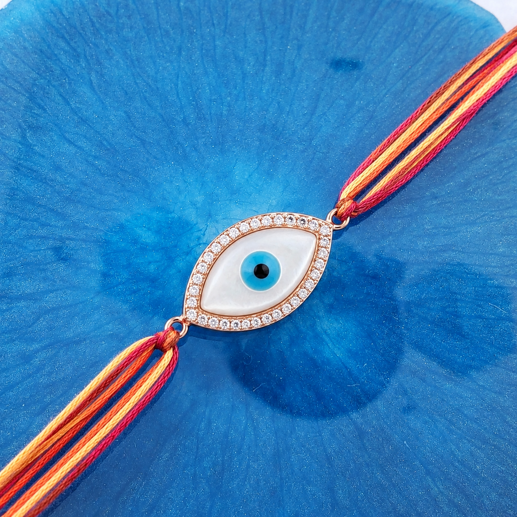 Oval Evil Eye Rose Gold CZ Mother of Pearl Red Orange Thread Rakhi Bulk