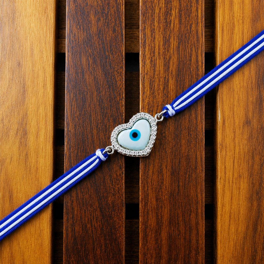 Heart Evil Eye Silver Plated CZ Mother of Pearl Thread Rakhi For Men Bulk
