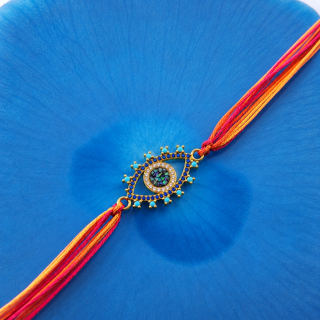 Designer Evil Eye CZ Turquoise Enamel Red Orange Thread Rakhi Wholesale