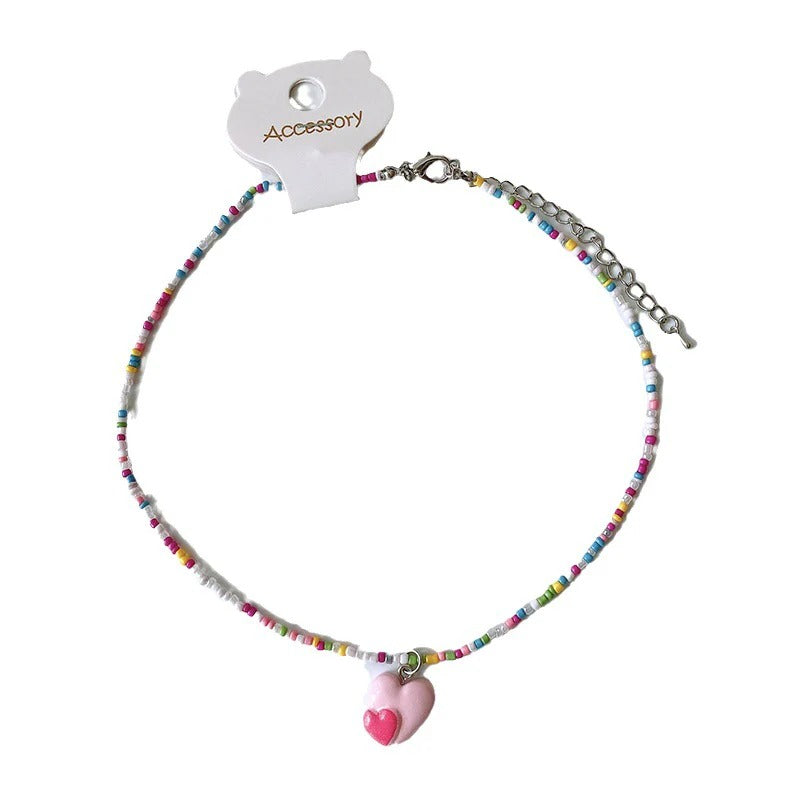 Pink Dual Heart Multicolour Beaded Silver Charm Necklace Kids Bulk