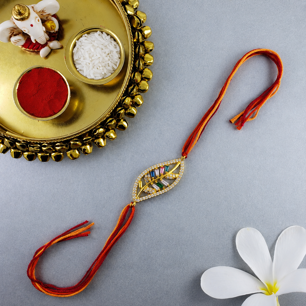 Designer Leaf Style Gold Plated CZ Red Orange Thread Rakhi For Men Bulk
