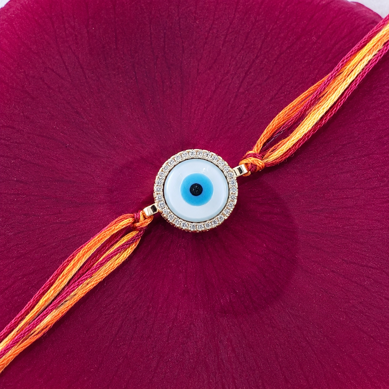 Round Evil Eye Rose Gold Plated CZ Mother of Pearl Thread Rakhi Bulk