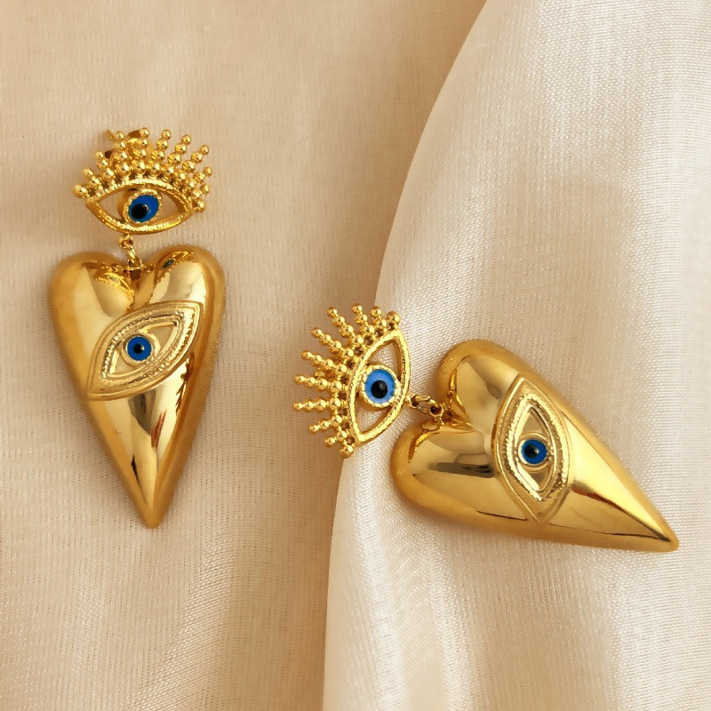 Triangle Evil Eye Blue Gold Stainless Steel Dangler Earring Women Bulk