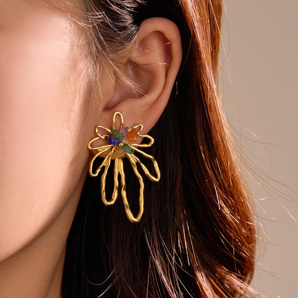 Flower Multi Gemstone 18K Gold Anti Tarnish Dangler Earring Bulk Secondary image