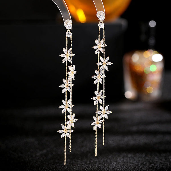 Floral Gold Silver CZ Anti Tarnish Long Dangler Tassel Earrings Bulk Main image