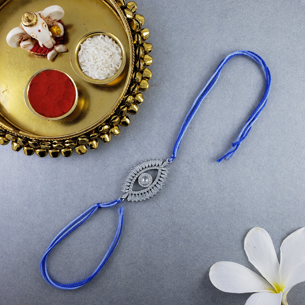 Nazar Protection Evil Eye Silver Plated CZ Thread Rakhi For Men Bulk
