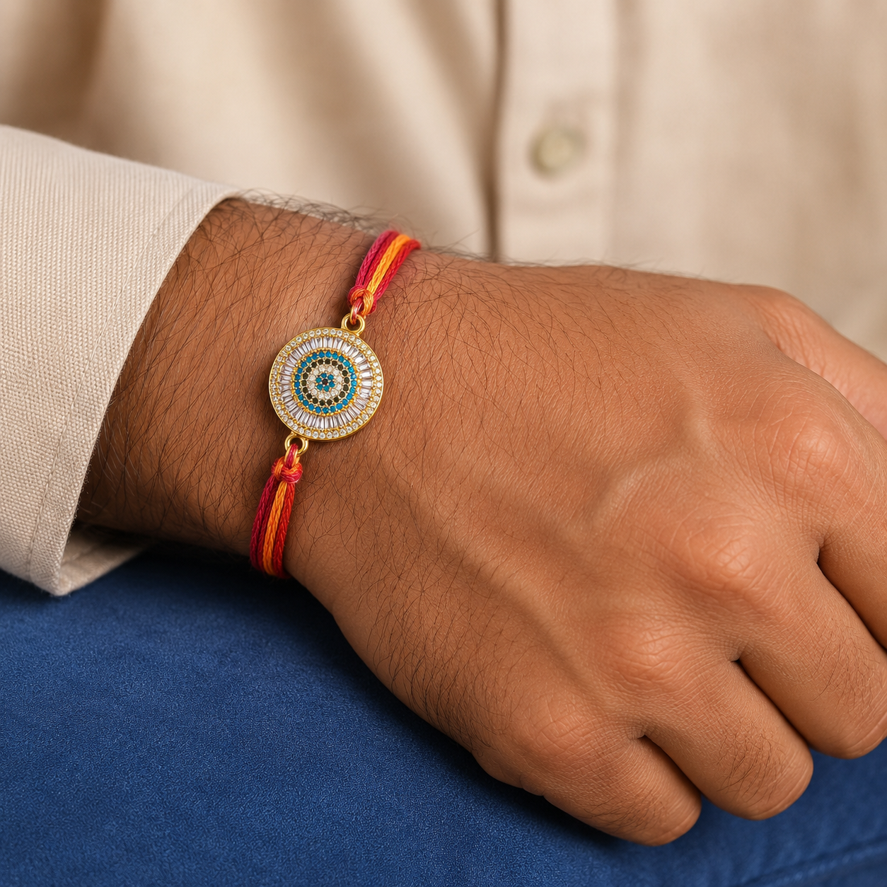 Blue Round Evil Eye Gold Plated CZ Red Orange Thread Rakhi For Men Bulk Main image