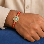 Blue Round Evil Eye Gold Plated CZ Red Orange Thread Rakhi For Men Bulk